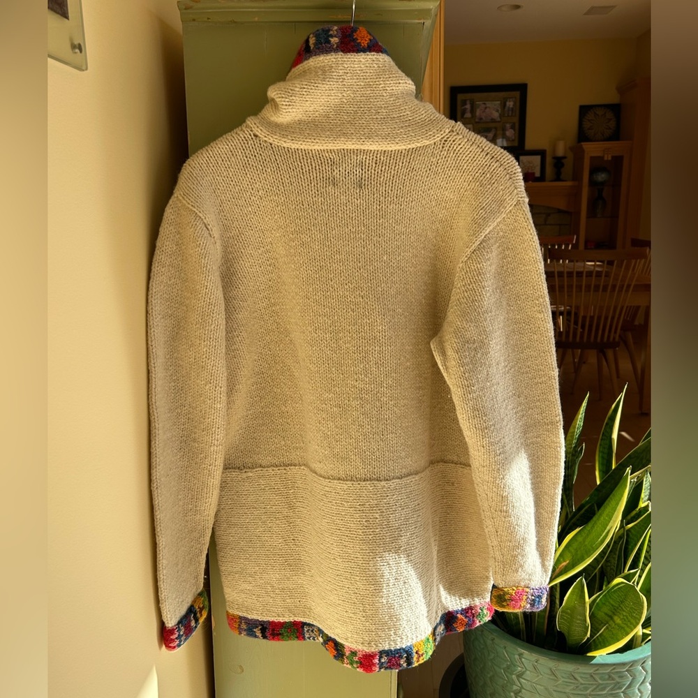 Amano 100% Wool Hand-Knit Funnel Neck Sweater Cream w/ Colorful Accents Size M/L - Picture 11 of 13